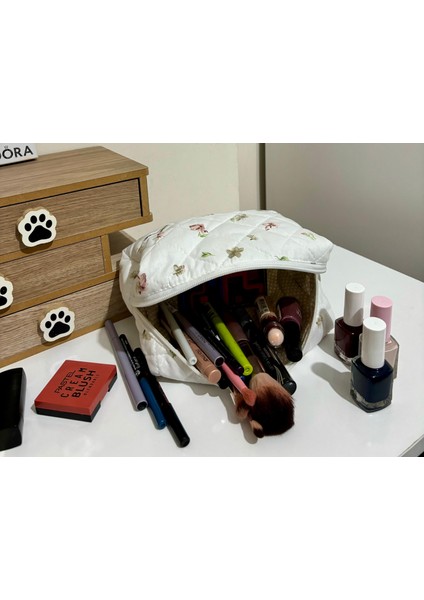 Soft Çiçek Desenli Kapitone Makyaj ve Kozmetik Çantası - Büyük Boy