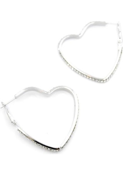 Taşlı Kalp Halka Küpe - Gümüş