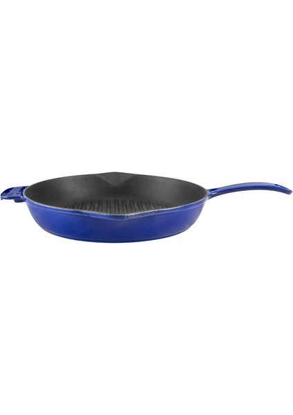 Premium Serisi - Döküm Izgara Tavası, Yuvarlak, 28 Cm, Yekpare Saplı, Emaye, Majolik Mavi