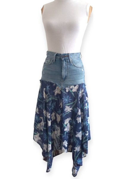 Kadın Etnik Tasarım Etek Denim Kumaş Çiçekli modelleri