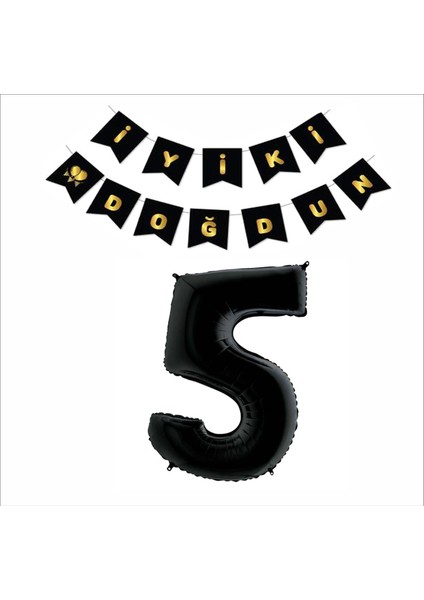 5 Yaş Siyah Folyo Balon+ Siyah Gold Banner