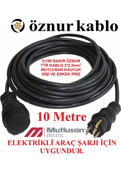 3x2,5 Ttr Kalın Bakır Kablo Seyyar 10 Metre Kaucuk Fiş Araç Şarjına Uygundur