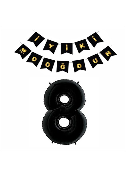 8 Yaş Siyah Folyo Balon+ Siyah Gold Banner