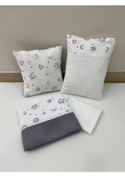 Gri Çocuk Çok Amaçlı Poplin , pikeli ve Ponponlu Nevresim Takımı 6'lı Set