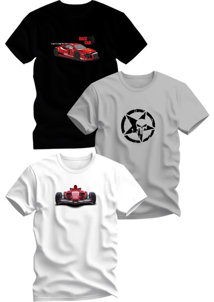 Üçlü Kaliteli Baskılı Penye Erkek Çocuk Beyaz Siyah Gri Tshirt 5 6 7 8 9 10 11 12 13 14 Yaş Formula Punisher Wrc