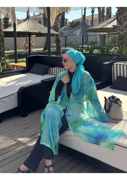 Turkuaz Yeşil Batik Renklerde Yazlık, Plaj, Günlük Kimono Kaftan Pareo