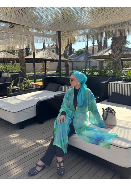 Turkuaz Yeşil Batik Renklerde Yazlık, Plaj, Günlük Kimono Kaftan Pareo indirimleri