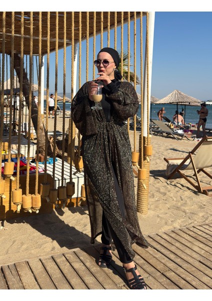 Qymos Prıve Davet Kimono I Metalik Simli Bronz & Gümüş Parıltılı Şıklığınıza Şıklık Katacak Kaftan