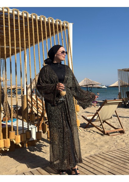 Qymos Prıve Davet Kimono I Metalik Simli Bronz & Gümüş Parıltılı Şıklığınıza Şıklık Katacak Kaftan fırsatları