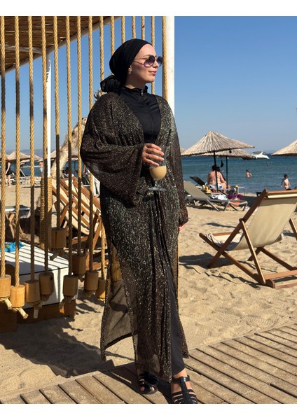 Qymos Prıve Davet Kimono I Metalik Simli Bronz & Gümüş Parıltılı Şıklığınıza Şıklık Katacak Kaftan indirimleri