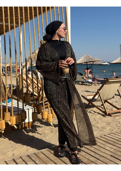 Qymos Prıve Davet Kimono I Metalik Simli Bronz & Gümüş Parıltılı Şıklığınıza Şıklık Katacak Kaftan