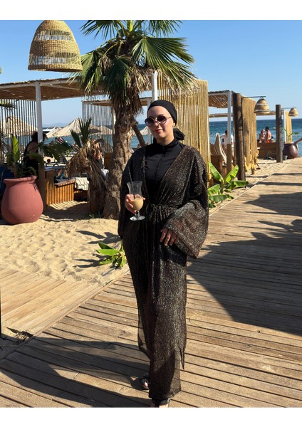 Qymos Prıve Davet Kimono I Metalik Simli Bronz & Gümüş Parıltılı Şıklığınıza Şıklık Katacak Kaftan
