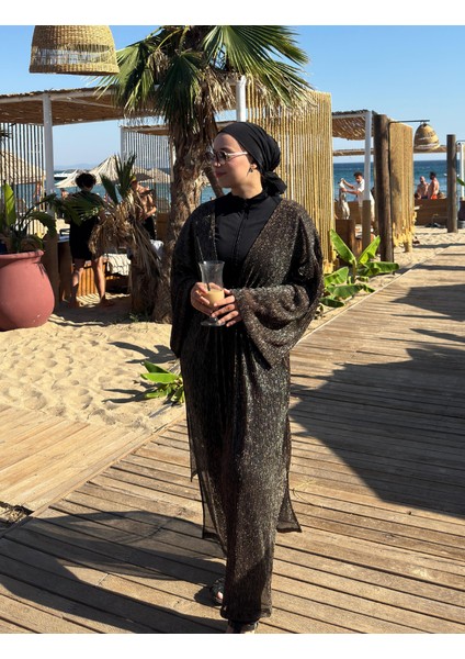 Qymos Prıve Davet Kimono I Metalik Simli Bronz & Gümüş Parıltılı Şıklığınıza Şıklık Katacak Kaftan