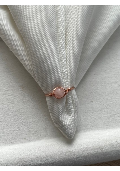 Pembe Kuvars Taşı Ayarlanabilir Bakır Renk Tel Yüzük