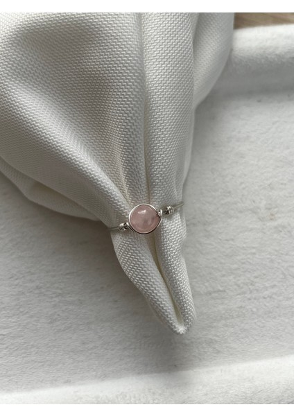 Pembe Kuvars Taşı Ayarlanabilir Gümüş Renk Tel Yüzük