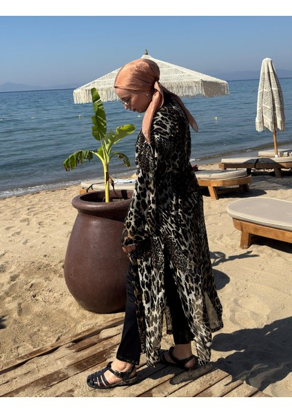 Qymos Prıve Leopar Desenli Yazlık Kimono - Plaj Günlük Şık ve Uçuşan Kimono Kaftan Pareo fırsatları