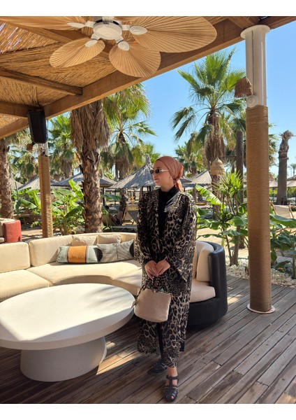 Qymos Prıve Leopar Desenli Yazlık Kimono - Plaj Günlük Şık ve Uçuşan Kimono Kaftan Pareo