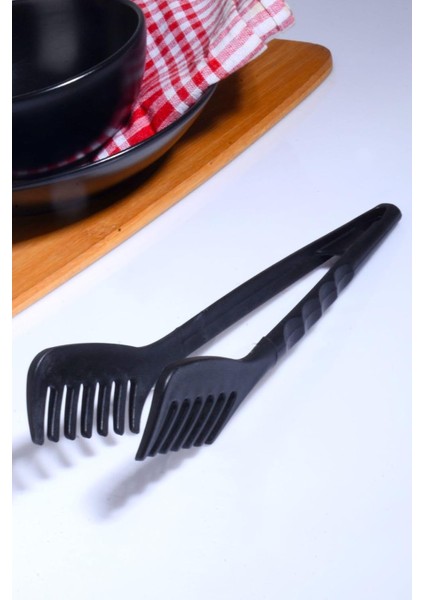 Diyarı Pratik Yanmaz Yapışmaz Yüksek Isıya Dayanıklı Sert Plastik Makarna ve Salata Servis Maşası Siyah