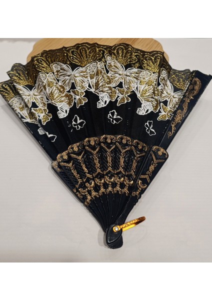 Otantik Lüks Figürlü Siyah Yelpaze