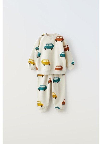Erkek Çocuk Pamuklu Araba Desenli Sweatshirt ve Eşofman Altı Alt-Üst Takım - Günlük Takım