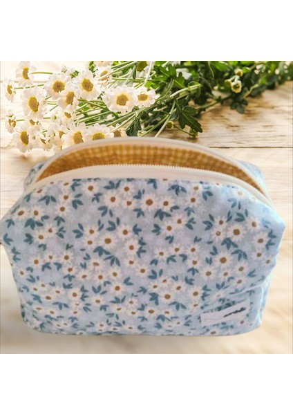 Boncuk Mavi Kapitone Papatya Desenli Taşınabilir Makyaj Çantası
