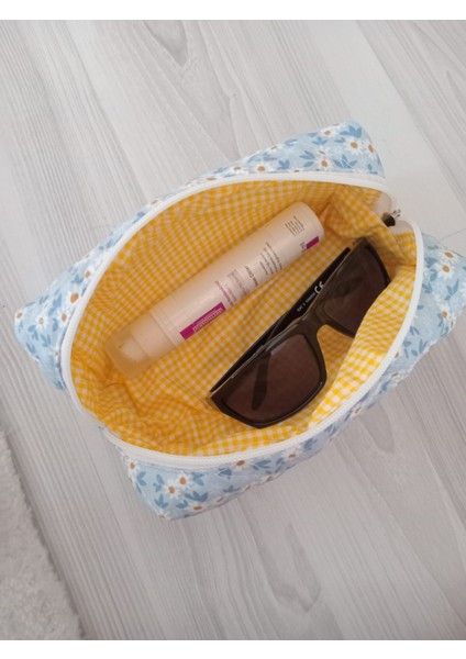 Boncuk Mavi Kapitone Papatya Desenli Taşınabilir Makyaj Çantası modelleri