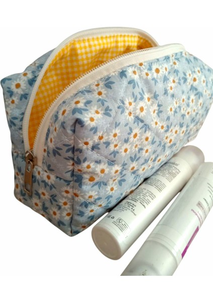 Boncuk Mavi Kapitone Papatya Desenli Taşınabilir Makyaj Çantası indirimleri