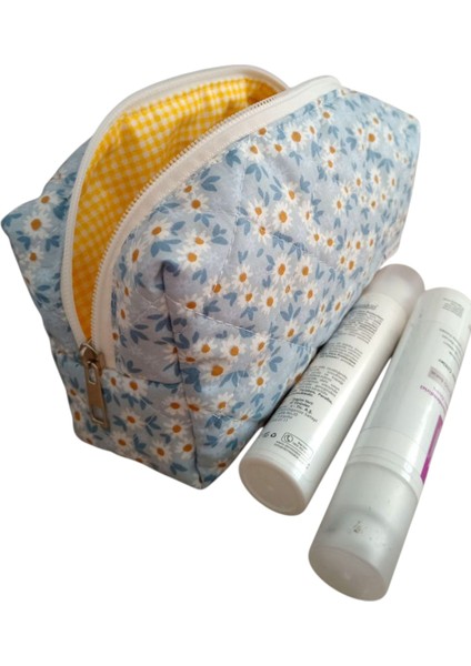 Boncuk Mavi Kapitone Papatya Desenli Taşınabilir Makyaj Çantası