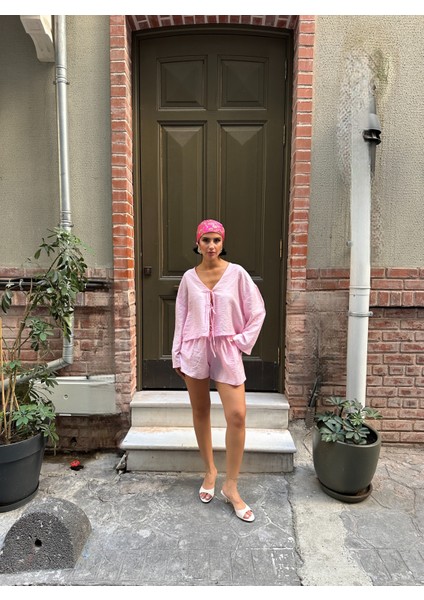 Çilek Keten Şortlu Takım