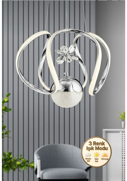 Luxora Model Krom Kaplama 3 Renk Metal Salon Mutfak Oturma Yatak Odası Modern LED Sarkıt Avize