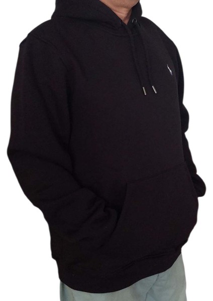 Erkek Kapüşonlu Bağcıklı Kanguru Cepli Siyah Sweatshirt Esk-Plb