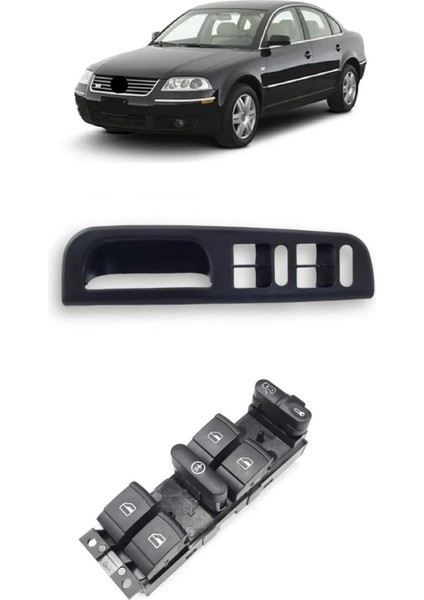 Vw Volkswagen Passat B5.5 2001-2005 Uyumlu Sol Ön Dörtlü Cam Açma Düğmesi ve Çerçevesi Siyah
