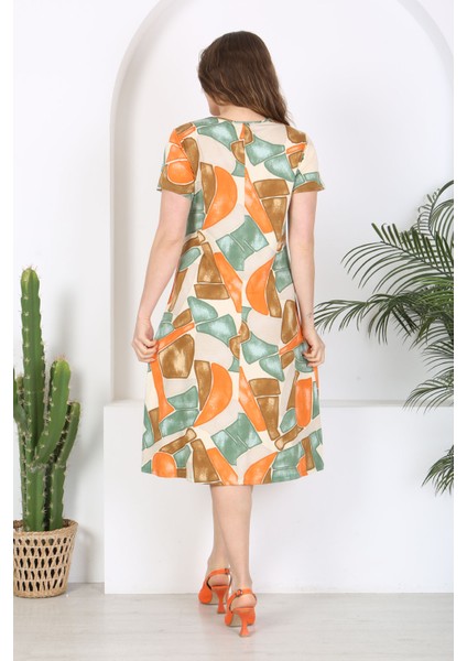 Kadın Turuncu Yeşil Geometrik Desen Midi Elbise