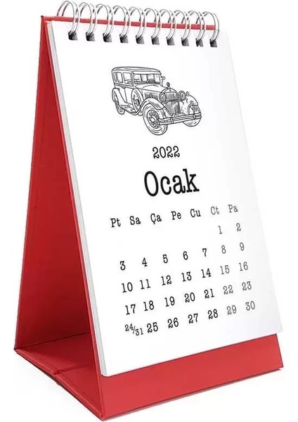 Klasik Araba Takvim 2026 Masa Takvimi Kırmızı