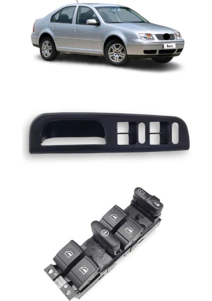 Vw Volkswagen Bora 1999-2005 Uyumlu Sol Ön Dörtlü Cam Açma Düğmesi ve Çerçevesi Siyah