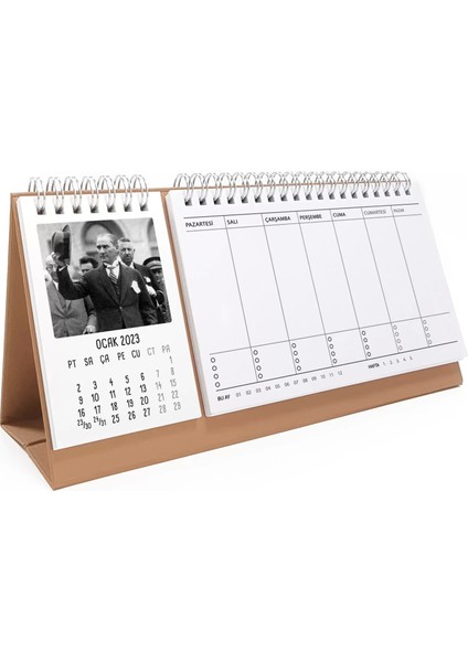 2026 Atatürk Takvimi Haftalık Planlayıcı Masa Takvimi Kahverengi