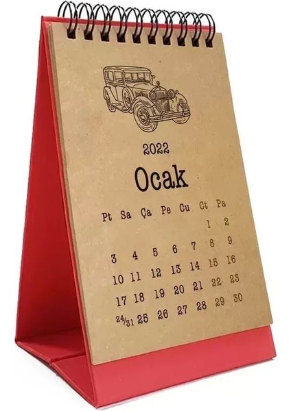 Klasik Araba Takvim 2026 Masa Takvimi Kırmızı Kraft