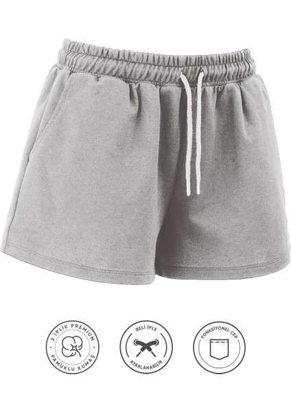 Kadın Pamuklu Gri Beli Ipli Şort Günlük Basic Regular Fit Cepli Normal Bel Rahat Kesim 2 Iplik Ev Şortu fiyatları