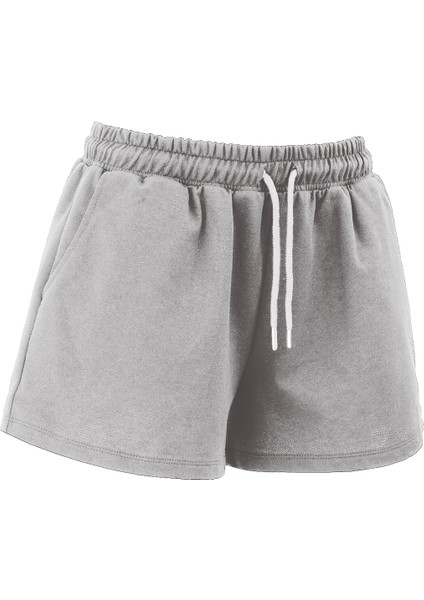 Kadın Pamuklu Gri Beli Ipli Şort Günlük Basic Regular Fit Cepli Normal Bel Rahat Kesim 2 Iplik Ev Şortu