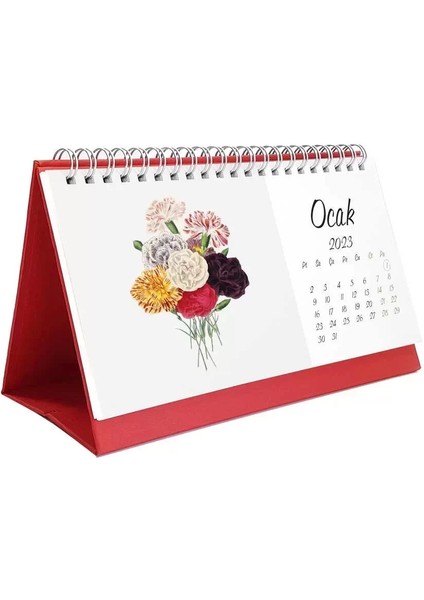 Vintage Çiçekli 2026 Masa Takvimi Kırmızı Renk