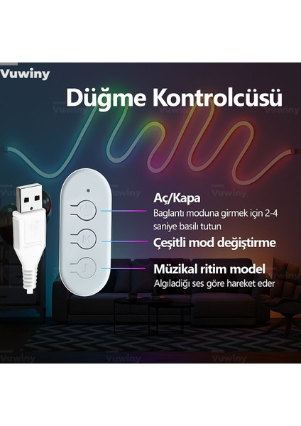 Sese Duyarlı Mobil Uygulamalı USB Neon Rgb-Ic Esnek Akıllı LED Şerit (3 Metre)