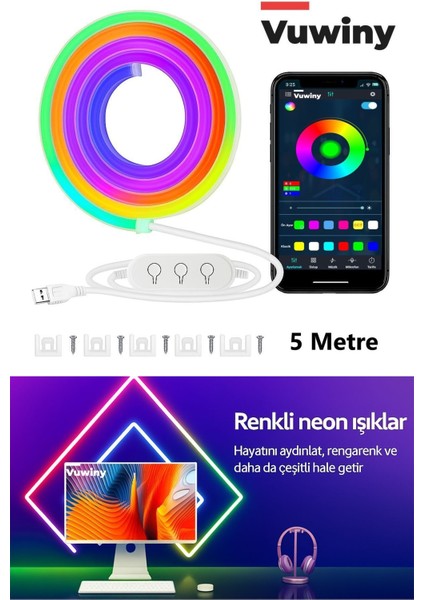 Sese Duyarlı Mobil Uygulamalı USB Neon Rgb-Ic Esnek Akıllı LED Şerit (5 Metre)