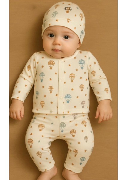 Bebek Pijama Takımı Şapkalı Uçan Balon Desenli Alt Üst %100 Pamuklu Organik Kumaş 0-1 Yaş