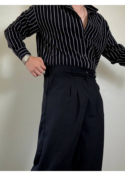 Erkek Siyah Yüksek Bel Pileli Kumaş Pantolon Modern Düğmeli Şık ve Günlük Kullanıma Uygun