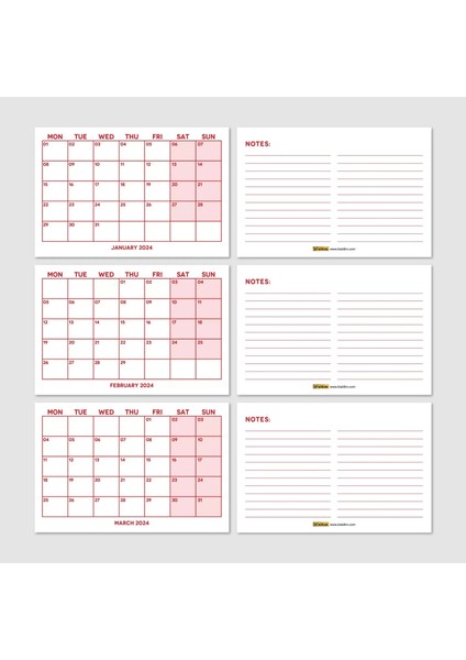 Kırmızı Renkli Aylık Planlama 2026 Takvim, 2026 Masa Takvimi, Red Color Monthly Planner Calendar modelleri