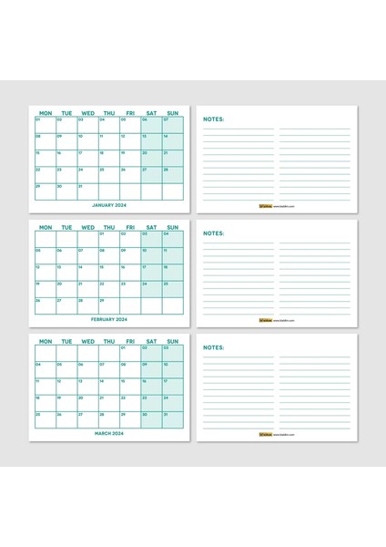 Yeşil Renkli Aylık Planlama 2026 Takvim, 2026 Masa Takvimi, Green Color Monthly Planner Calendar modelleri