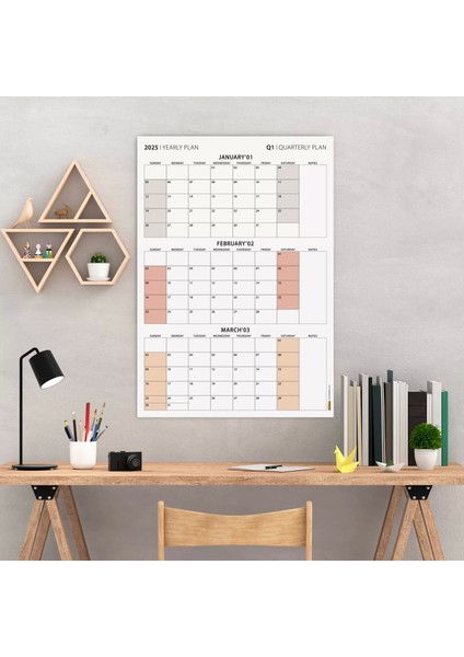 Amerikan Standardı Takvim, Üç Aylık Planlayıcı 2026 Duvar Takvimi, Ocak - Mart 2026, 90 Günlük Planlama, Yılın Birinci Çeyreği Takvimi, Kahverengi, Pazar Günü Başlangıçlı Takvim - 35X50CM