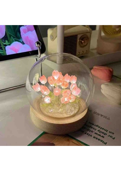 Luxury Cam Lale Fanus LED Işıklı Ahşap Tabanlı Pilli Mini Dekoratif Gece Lambası Romantik Hediyelik indirimleri
