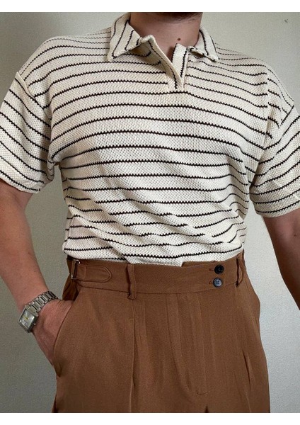 Erkek Oversize Yazlık Triko Polo Yaka, Çizgili Örgü Kumaş, Geniş Kalıp Kısa Kollu Model fiyatları