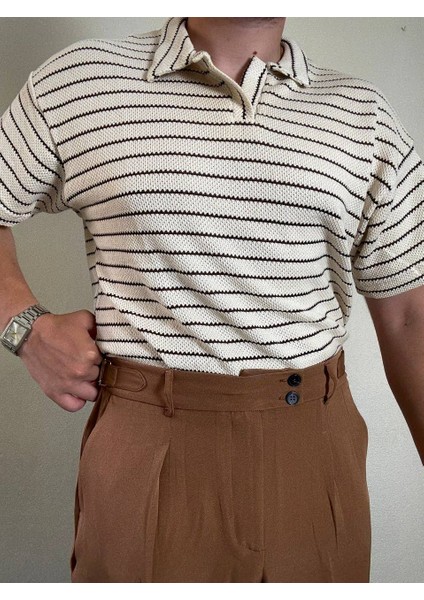 Erkek Oversize Yazlık Triko Polo Yaka, Çizgili Örgü Kumaş, Geniş Kalıp Kısa Kollu Model modelleri